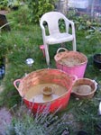 garden chair and mixing buckets