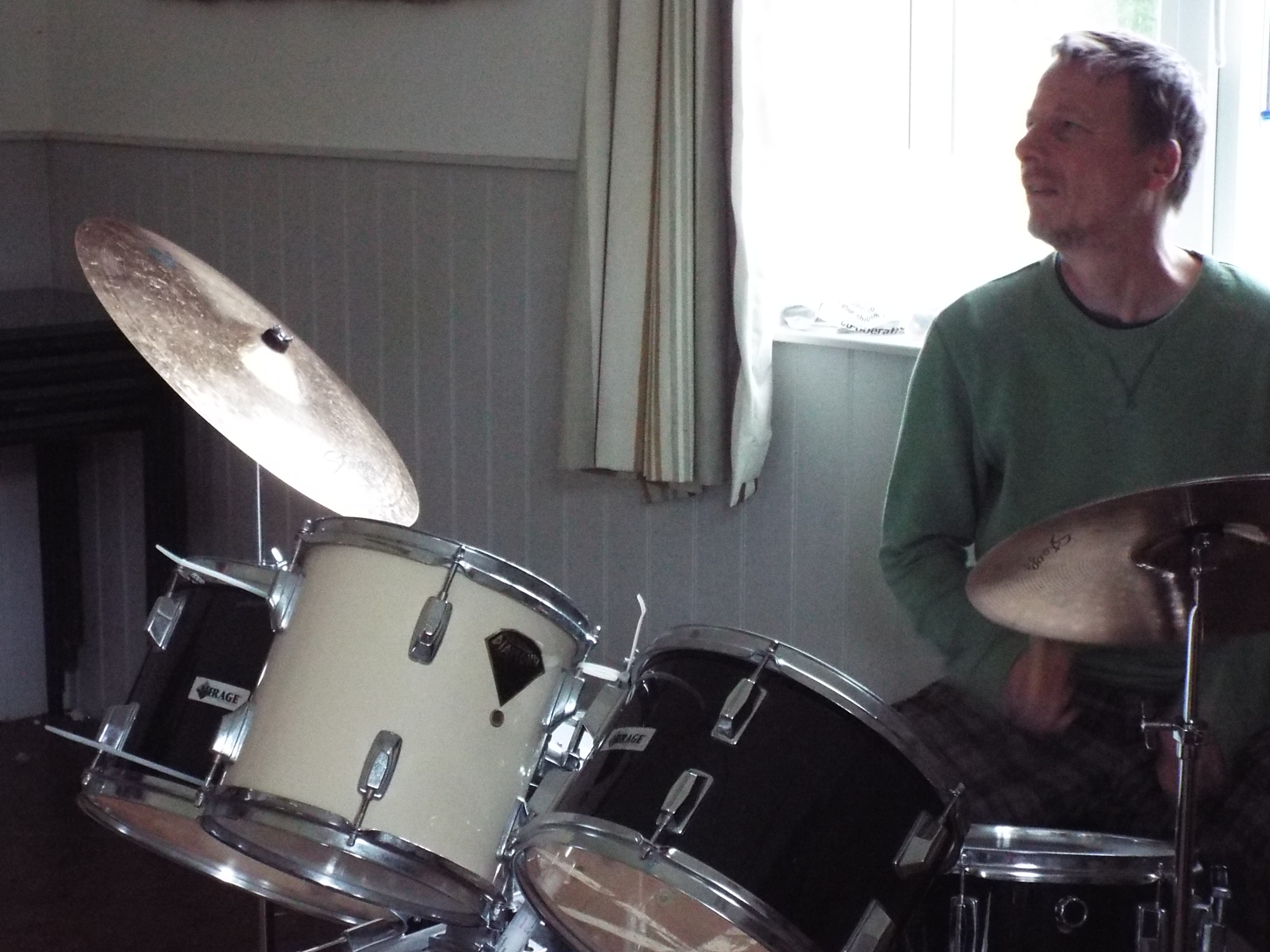Gaffa on drums practice Semley village hall 2019